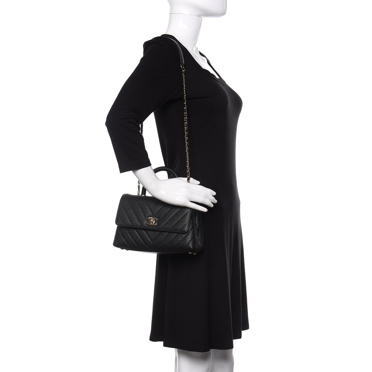 Caviar Chevron Quilted Mini Coco Handle Flap Black