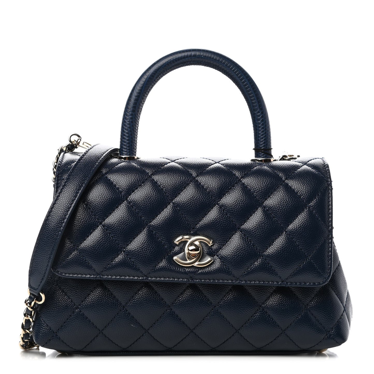 Caviar Quilted Lizard Embossed Mini Coco Handle Flap Navy Blue