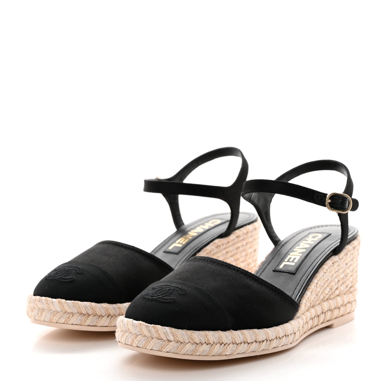 Satin Grosgrain CC Espadrilles Wedges 38 Black