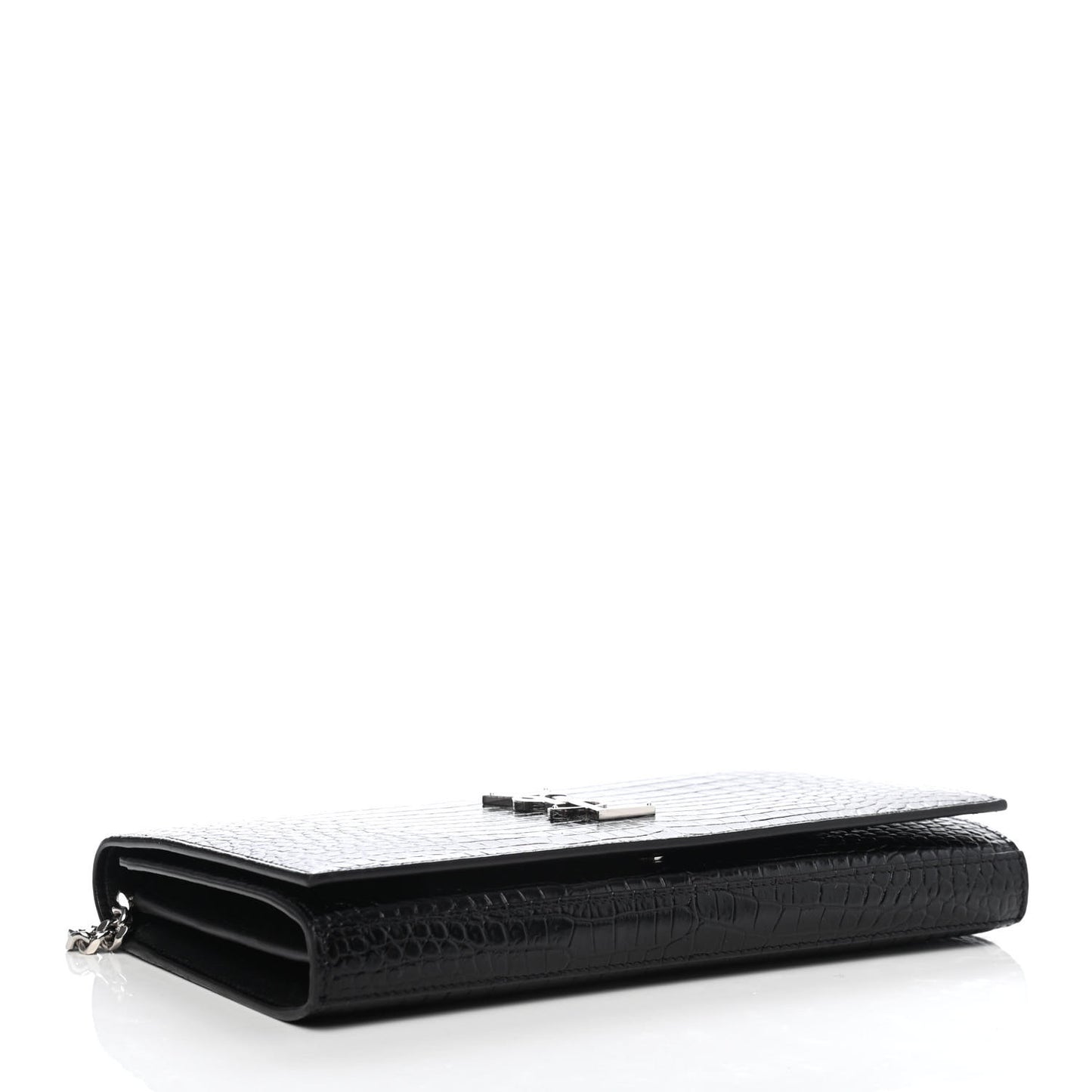 Calfskin Crocodile Embossed Monogram Chain Wallet Black