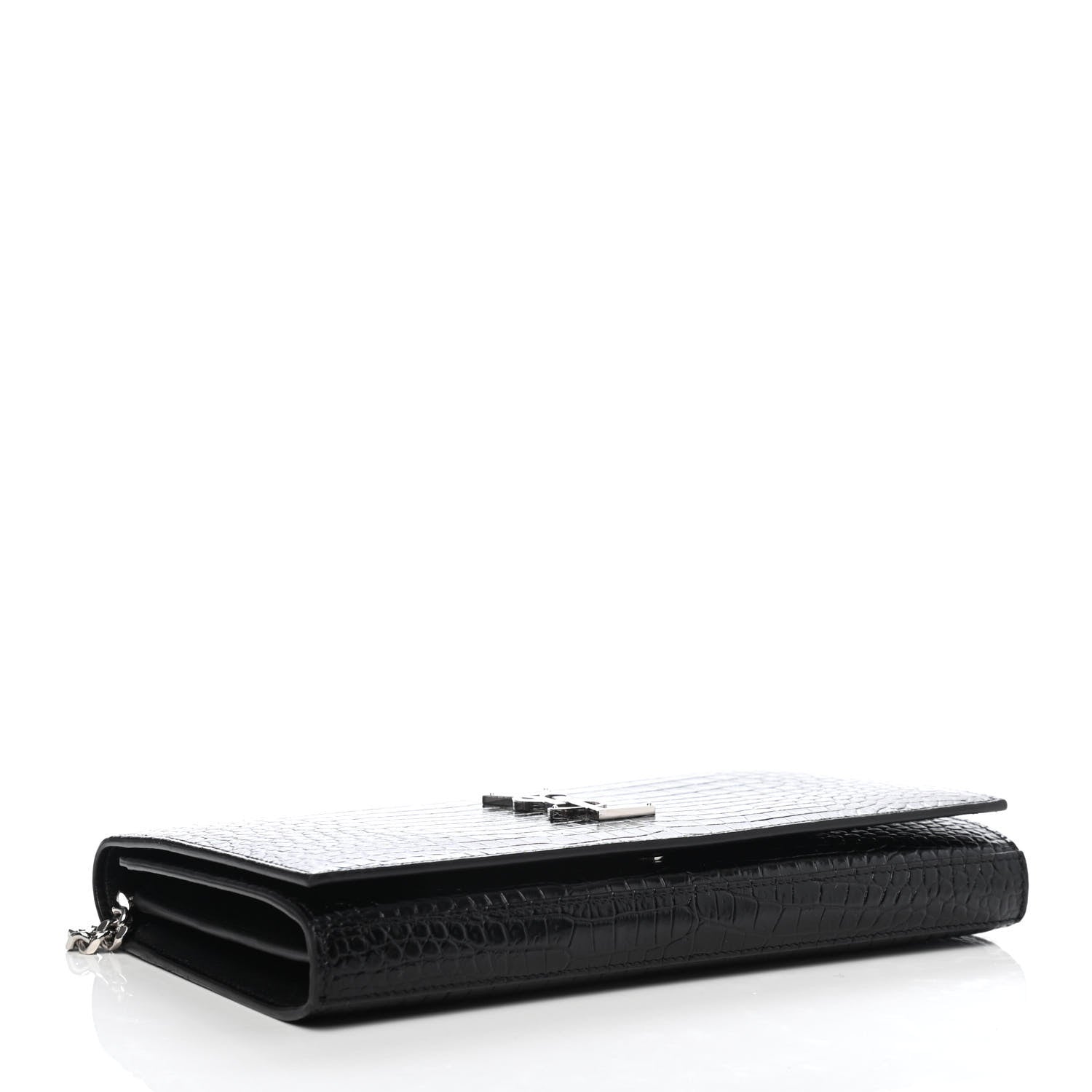 Saint Laurent Calfskin Crocodile Embossed Monogram Chain Wallet Black 3 of 4