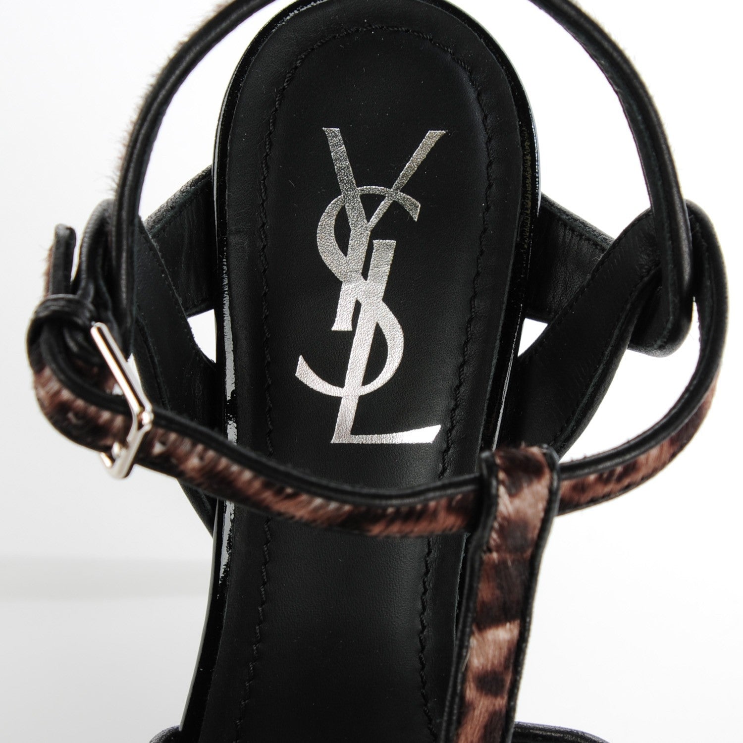 Saint Laurent Patent Leopard Print Pony Hair Tribute 105 Platform Sandals 36.5 Black 8 of 9