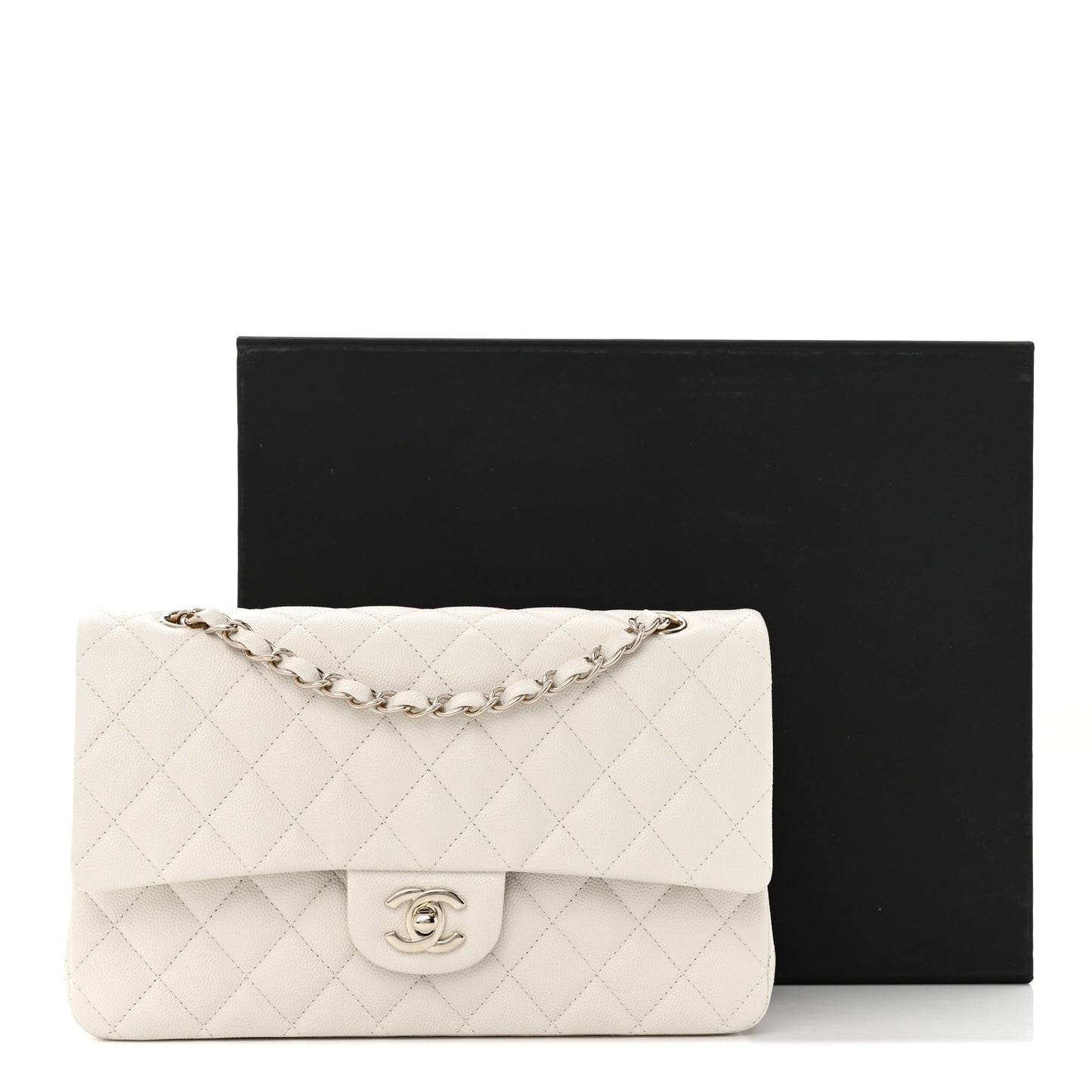 Caviar Quilted Medium Double Flap White