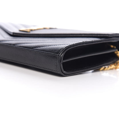 Saint Laurent Grain De Poudre Matelasse Chevron Monogram Chain Wallet Black 8 of 10