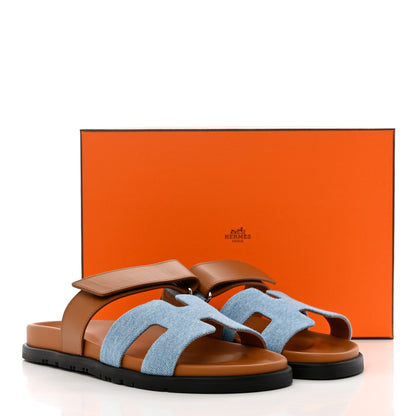Hermes Denim Calfskin Womens Chypre Sandals 39 Bleu Clair Naturel 9 of 9