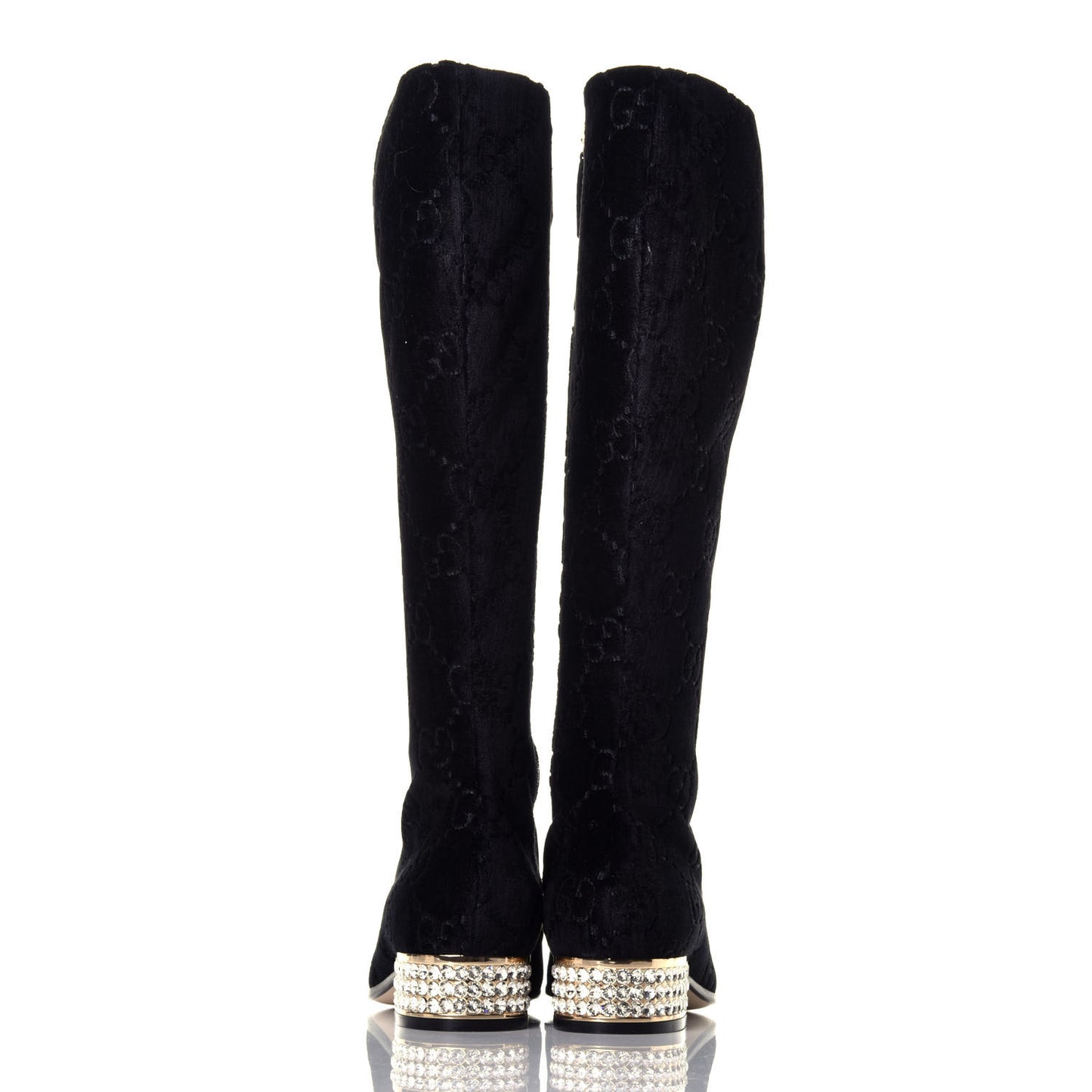 Velvet GG Monogram Crystal Horsebit Knee High Boots 35 Black