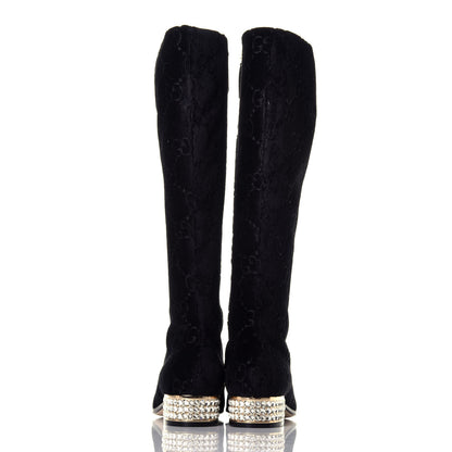 Gucci Velvet GG Monogram Crystal Horsebit Knee High Boots 35 Black 5 of 8
