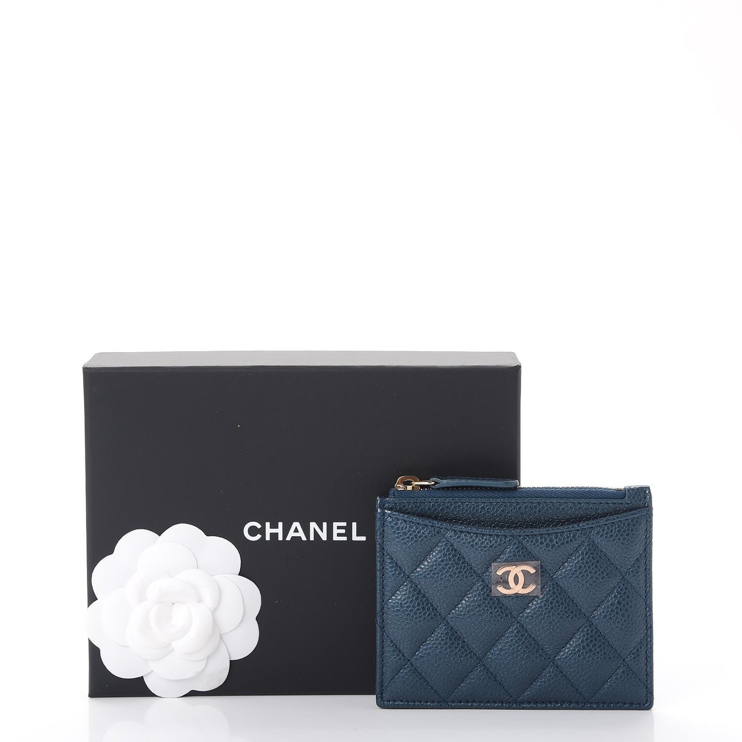 Metallic Caviar Quilted CC Zip Card Holder Dark Blue