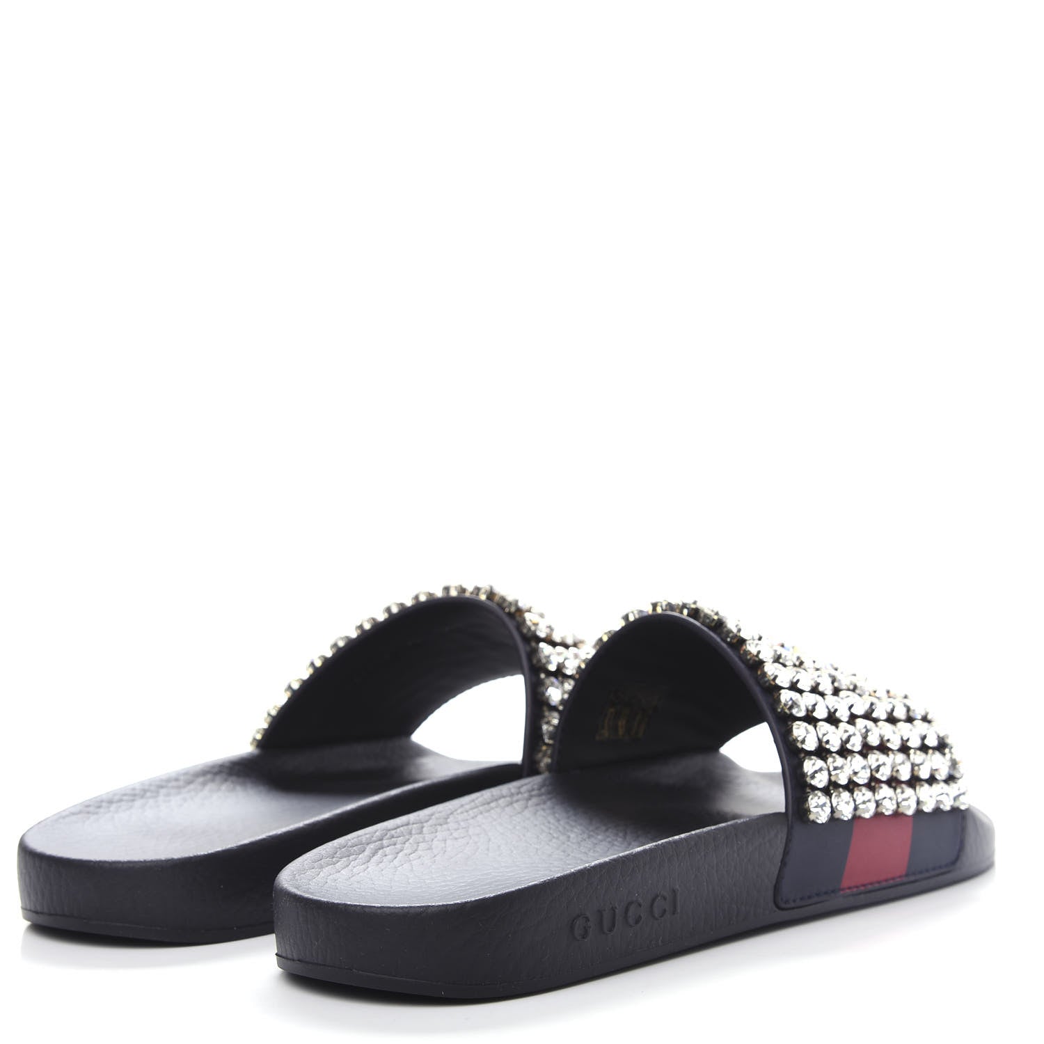 Gucci Calfskin Crystal Embellished Web Slide Sandals 42 Blue Red 4 of 11