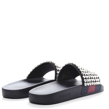 Gucci Calfskin Crystal Embellished Web Slide Sandals 42 Blue Red 4 of 11