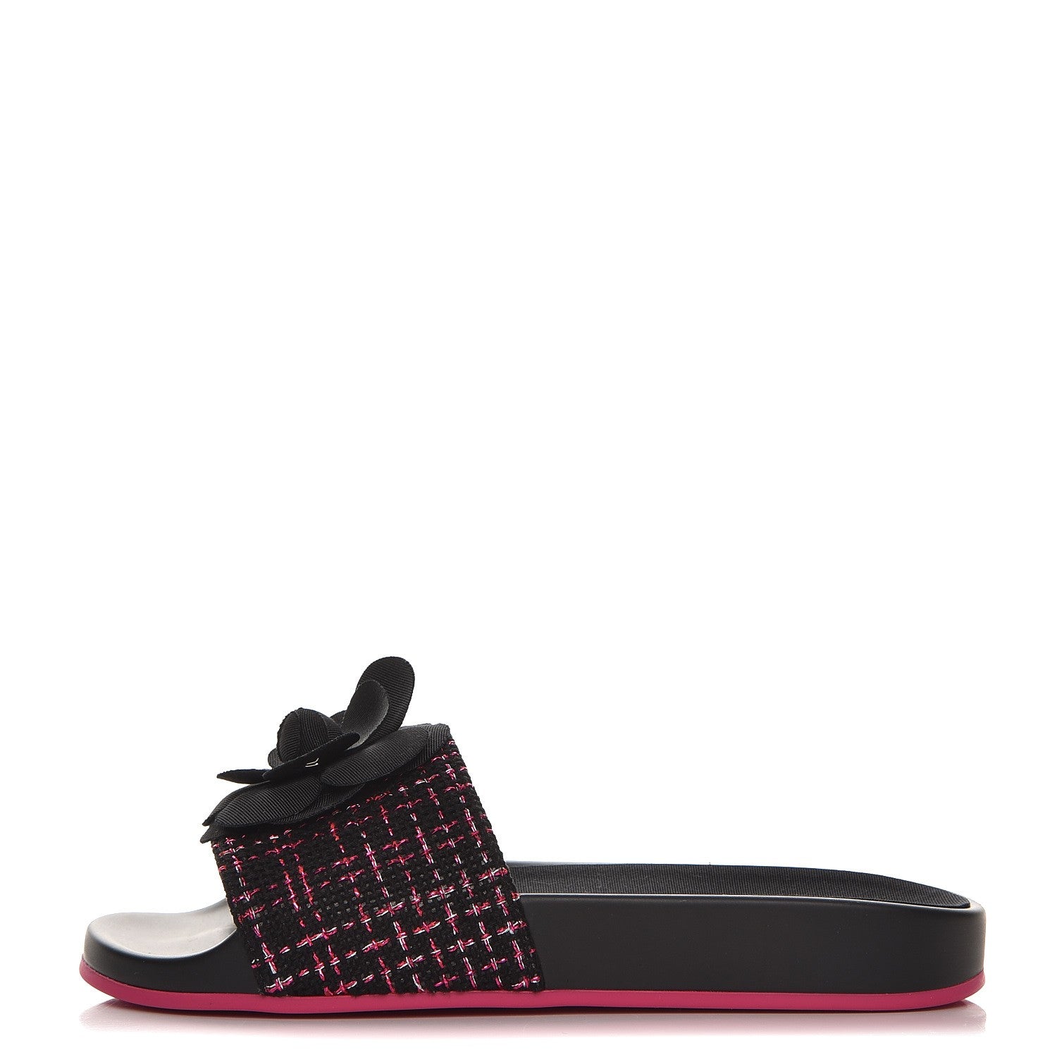 Chanel Tweed Grosgrain Camellia Flat Sandals 35 Black Pink 1 of 9