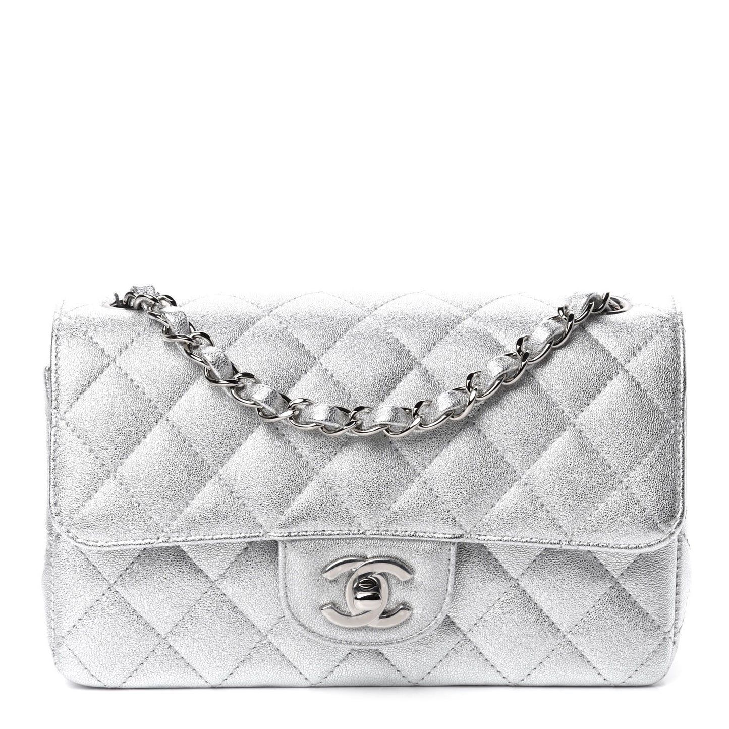 Metallic Lambskin Quilted Mini Rectangular Flap Silver
