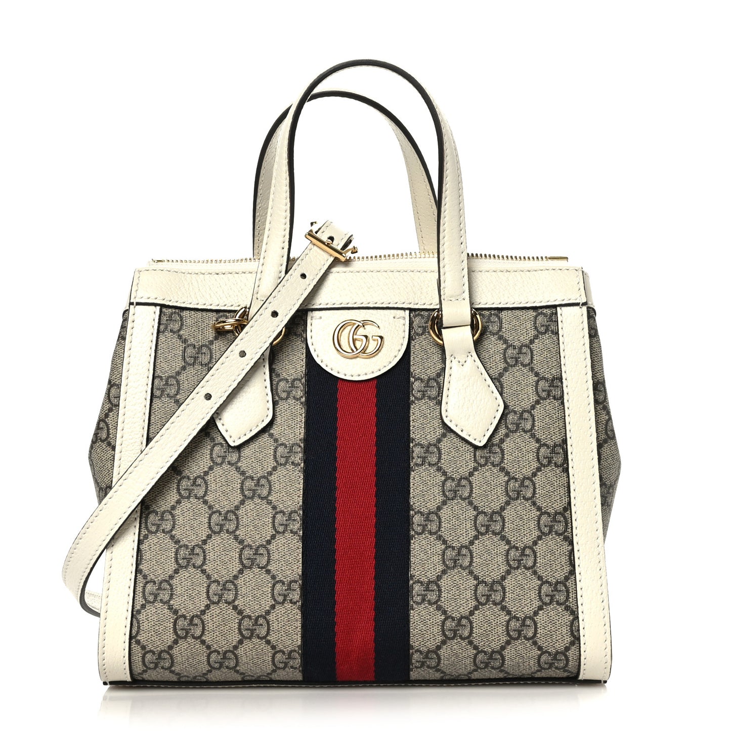 GG Supreme Monogram Textured Dollar Calfskin Web Small Ophidia Tote Bag Beige Ebony Mystic White