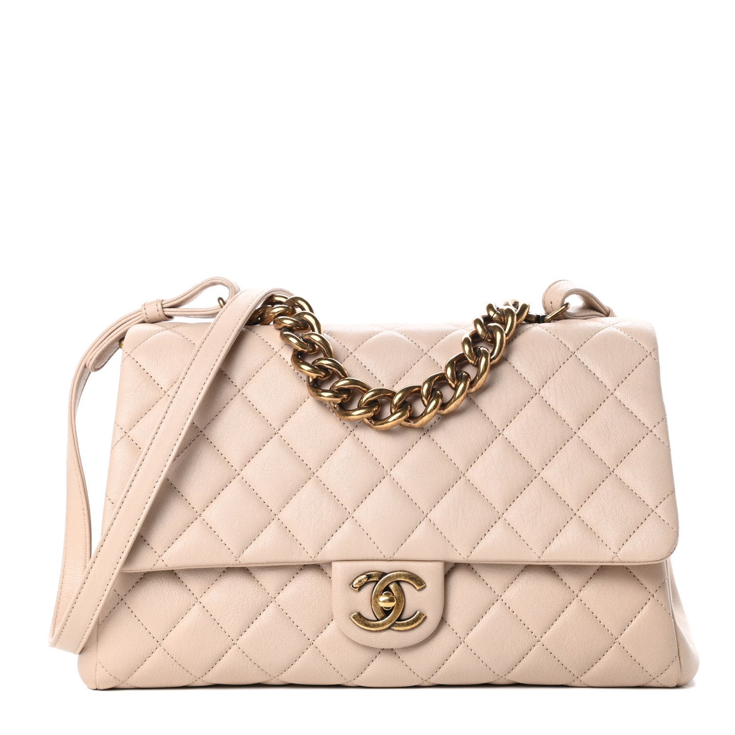 Shiny Sheepskin Quilted Large Trapezio Flap Beige