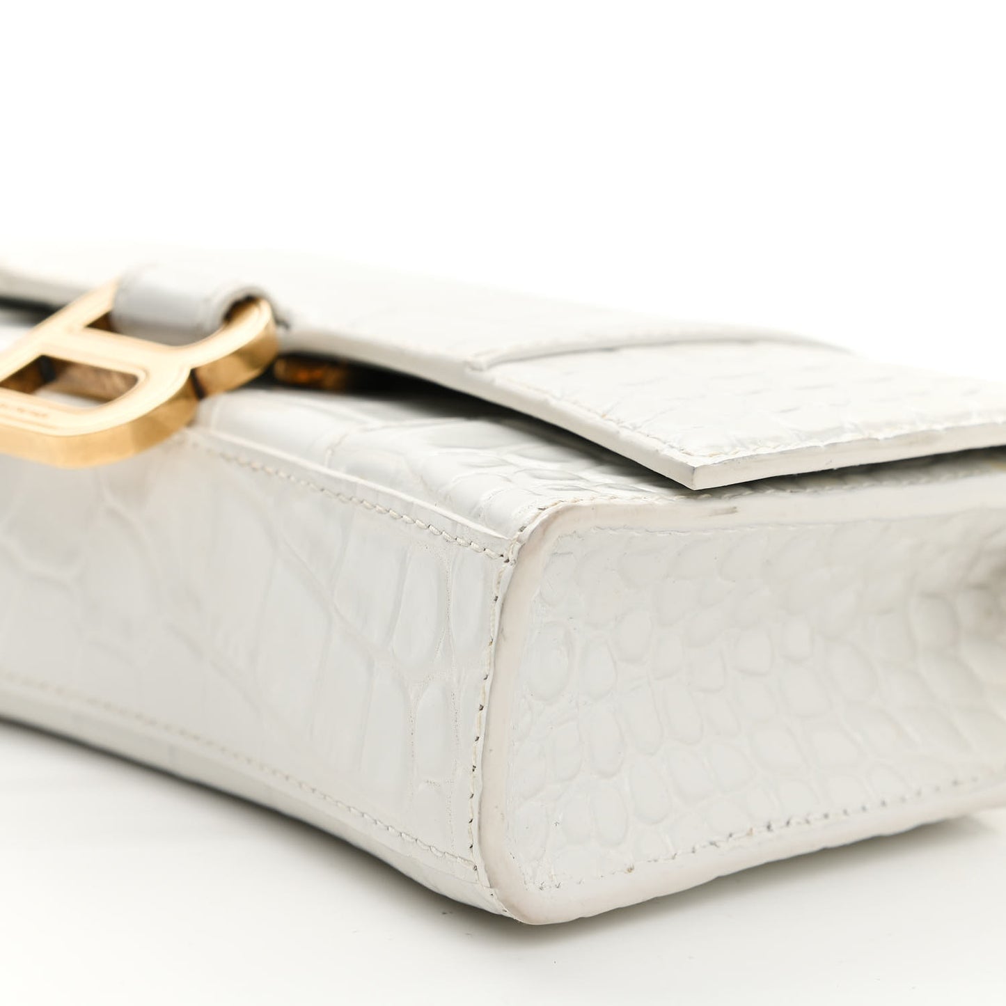 Shiny Calfskin Crocodile Embossed Hourglass Chain Bag White