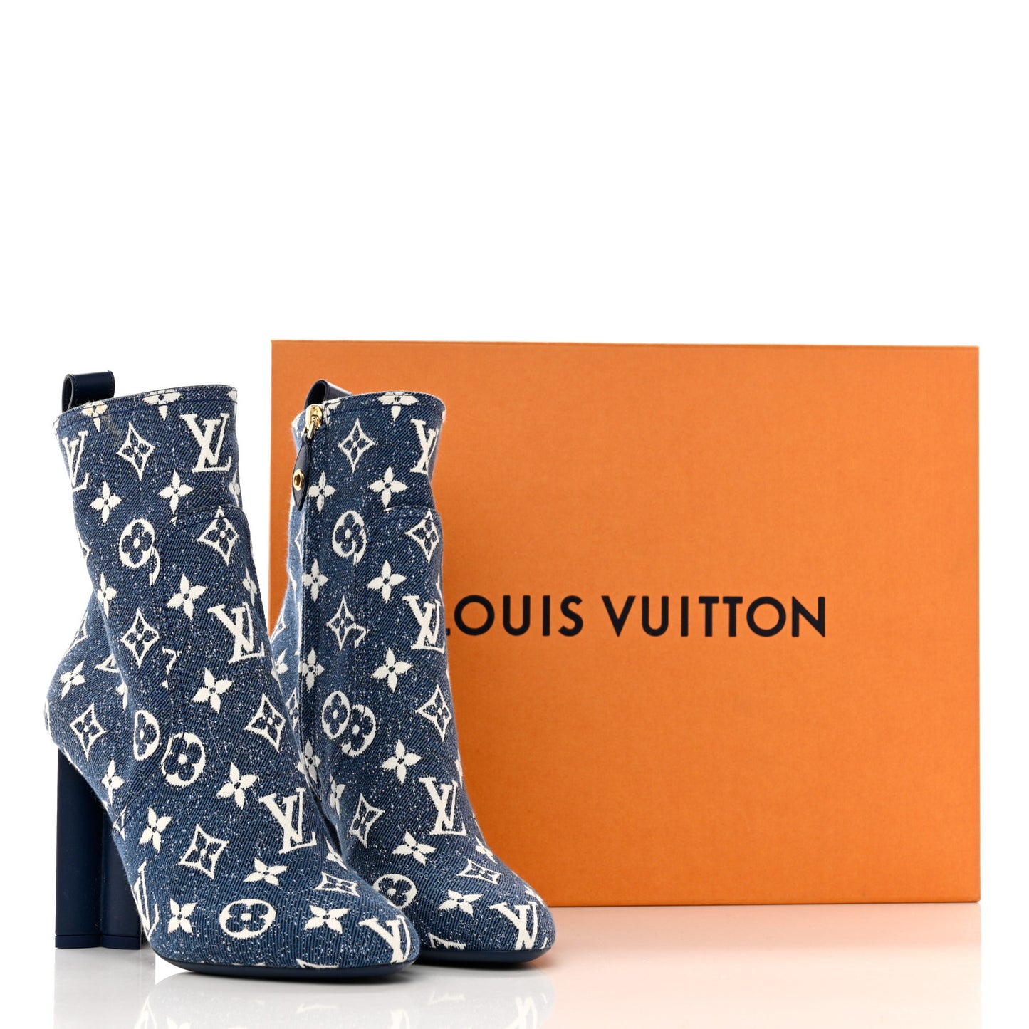 Denim Monogram Silhouette Ankle Boots 37 Navy Blue