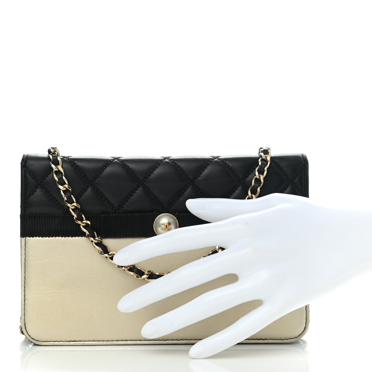 Chanel Lambskin Quilted Wallet On Chain WOC Beige Black 2 of 9