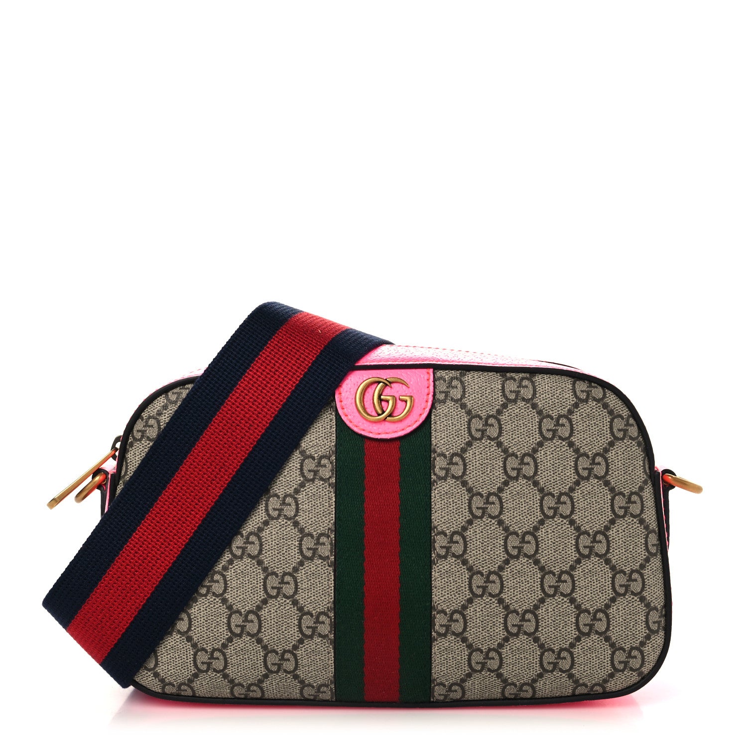 Gucci GG Supreme Monogram Textured Dollar Calfskin Web Ophidia Wristlet Shoulder Bag Beige Ebony Fuchsia 1 of 10