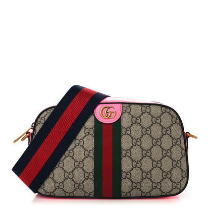 Gucci GG Supreme Monogram Textured Dollar Calfskin Web Ophidia Wristlet Shoulder Bag Beige Ebony Fuchsia 1 of 10