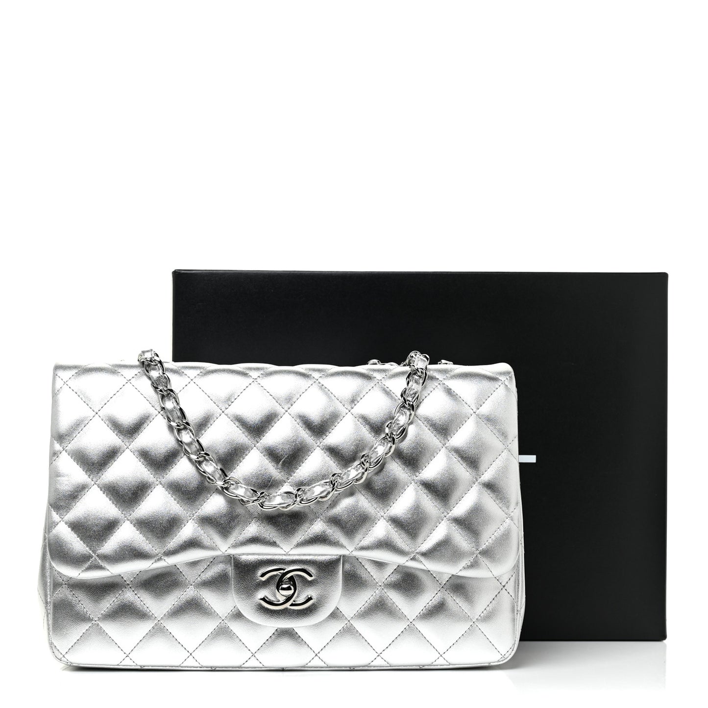 Metallic Lambskin Quilted Jumbo Single Flap Silver