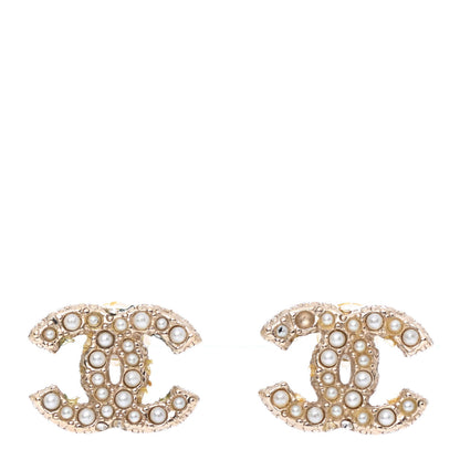 Chanel Pearl Crystal CC Stud Earrings Gold 1 of 4