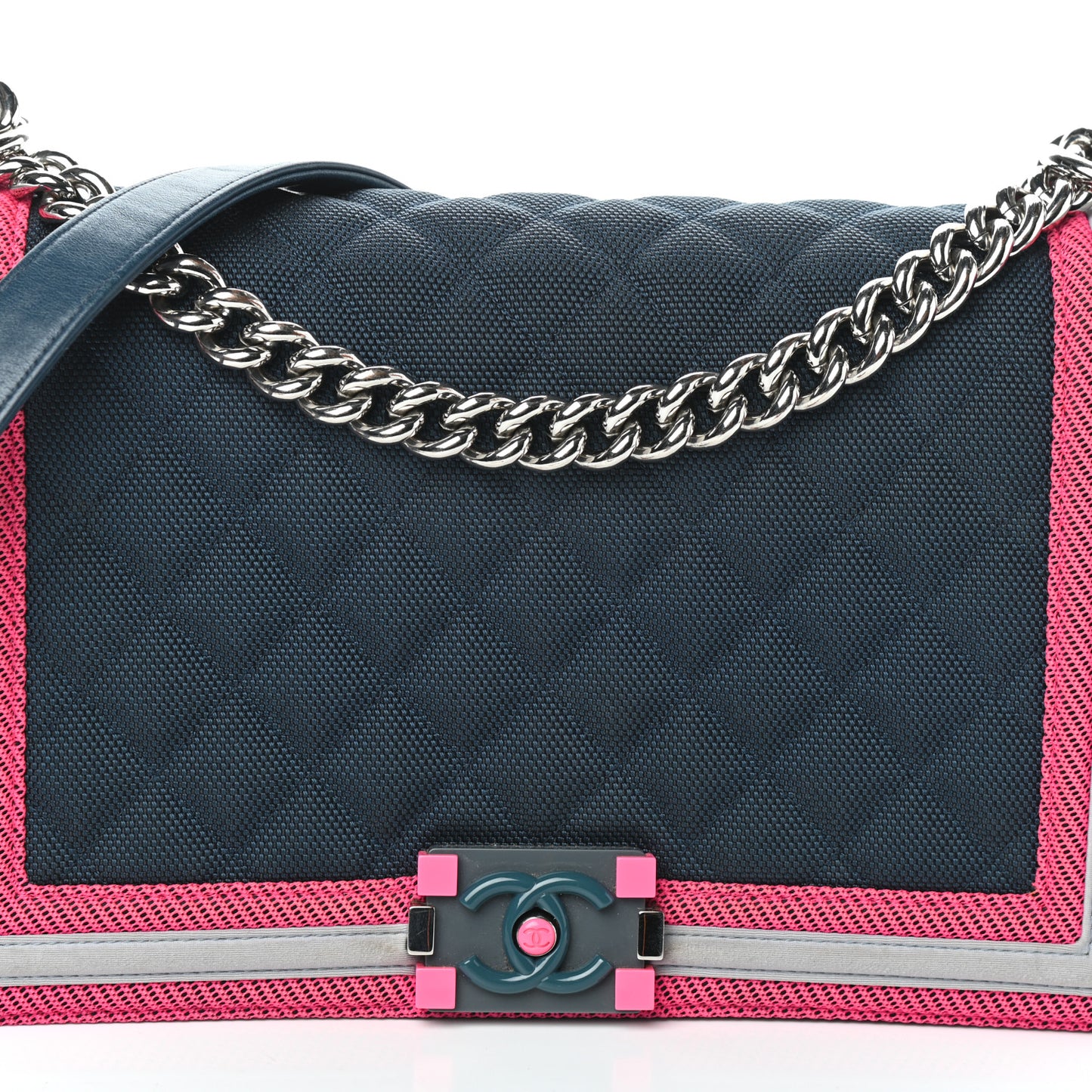 Canvas Quilted Medium Fluo Boy Flap Dark Navy Fuchsia Grey