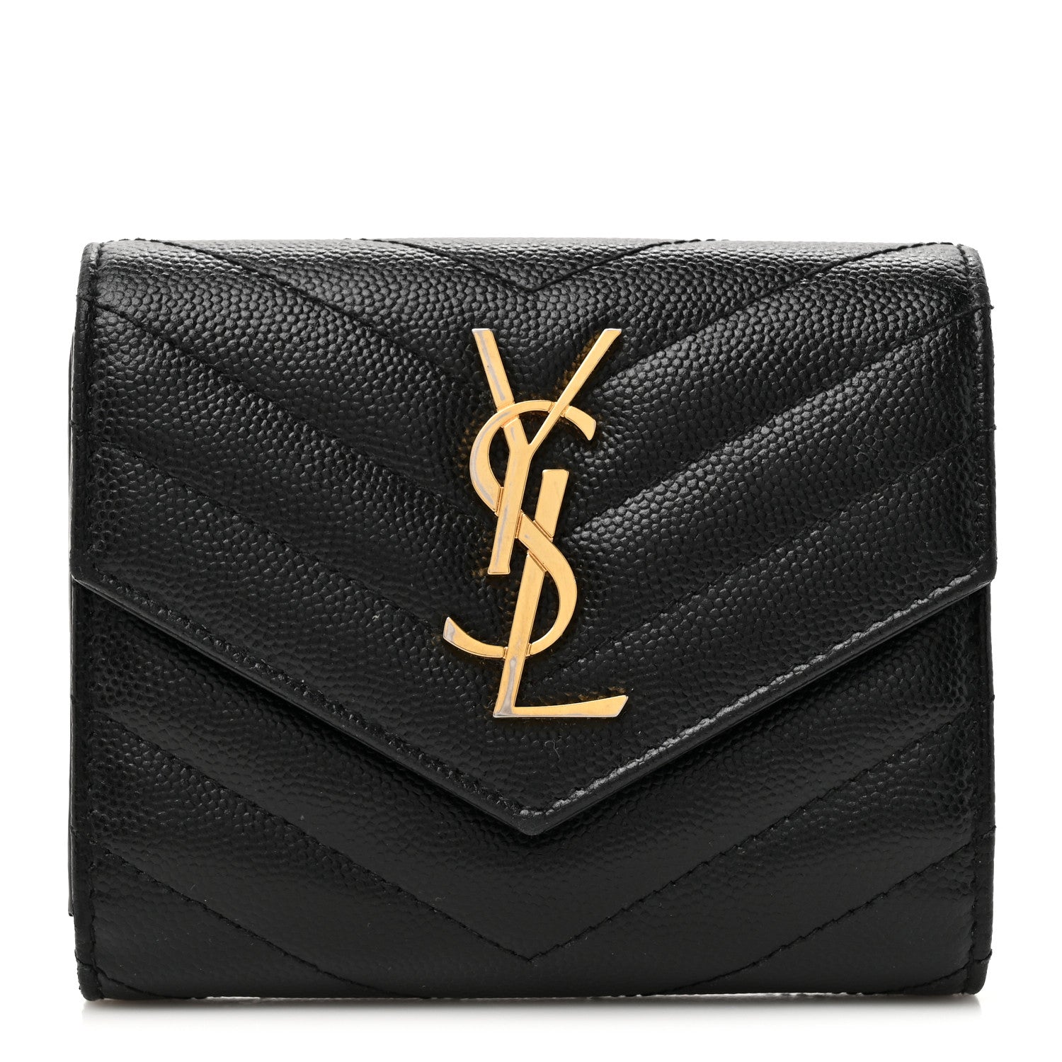 Saint Laurent Grain De Poudre Matelasse Chevron Monogram Compact Tri Fold Wallet Black 1 of 11