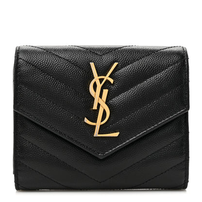 Saint Laurent Grain De Poudre Matelasse Chevron Monogram Compact Tri Fold Wallet Black 1 of 11