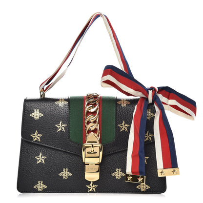 Gucci Textured Calfskin Bee Star Print Small Sylvie Shoulder Bag Black 1 of 6