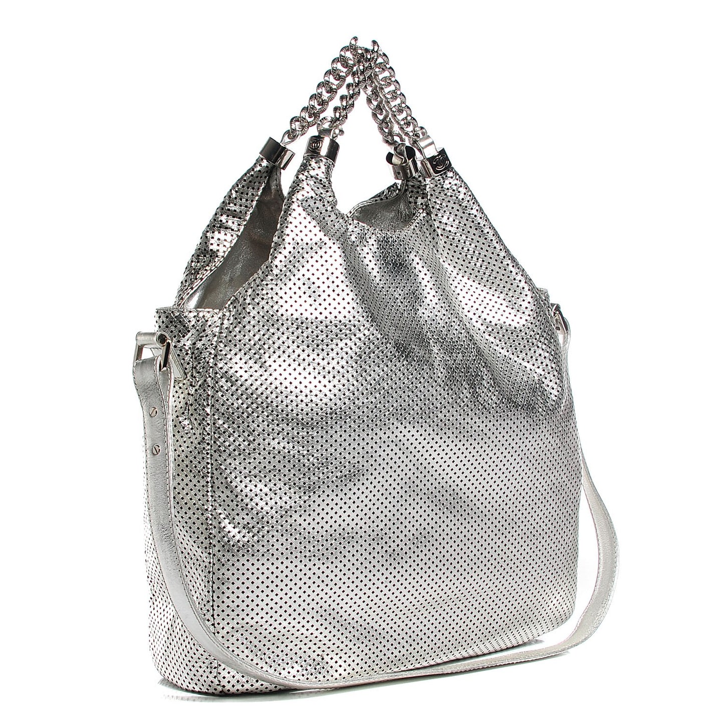 Metallic Glazed Calfskin Perforated Medium Rodeo Drive Tote Silver