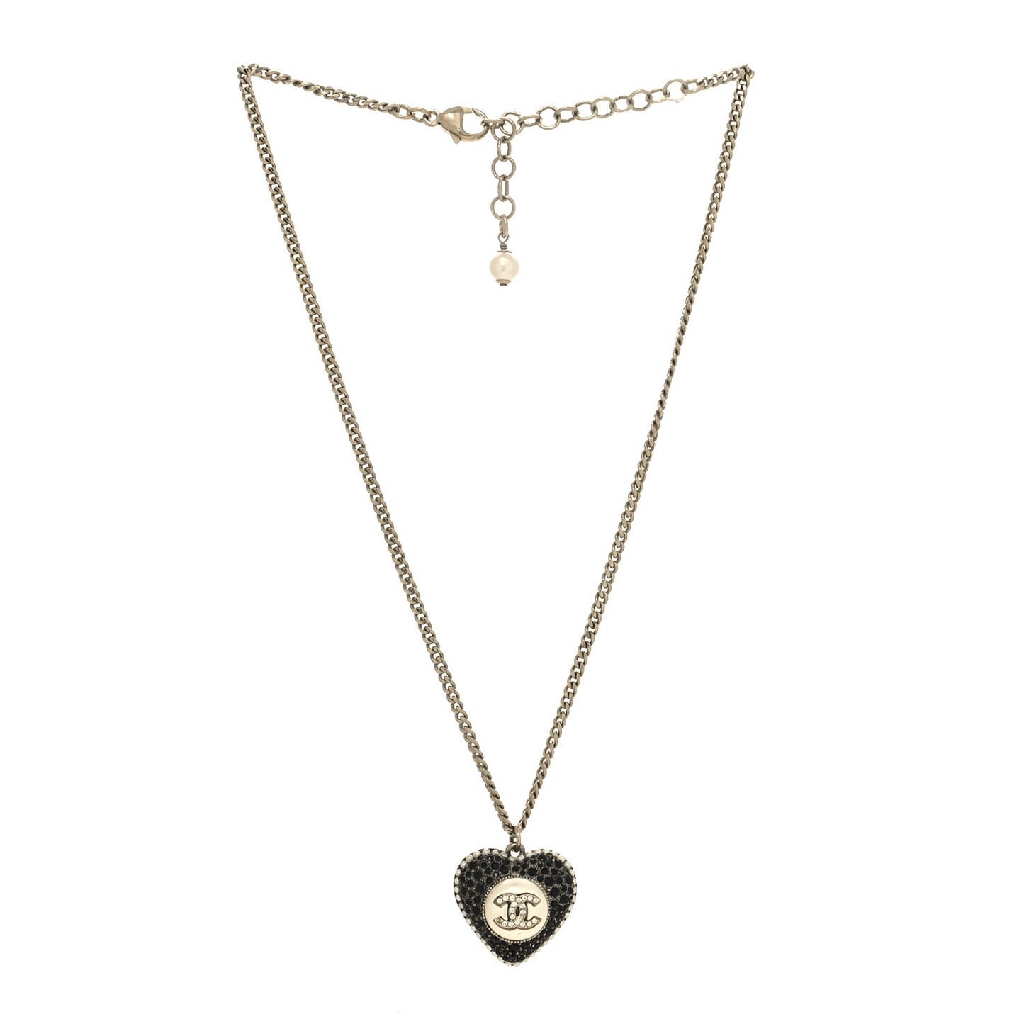 Pearl Crystal CC Heart Necklace Gold Pearly White Black