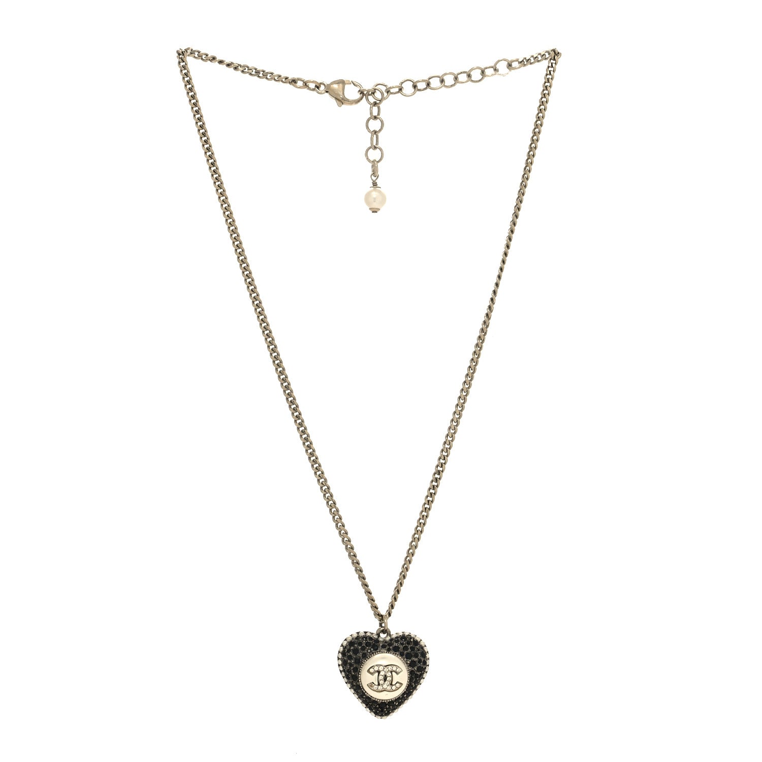 Chanel Pearl Crystal CC Heart Necklace Gold Pearly White Black 3 of 5