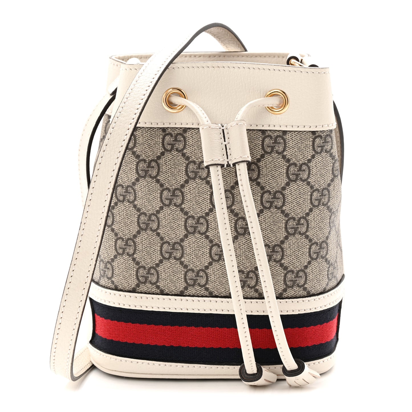 GG Supreme Monogram Textured Calfskin Web Mini Ophidia Bucket Bag Beige Ebony Mystic White