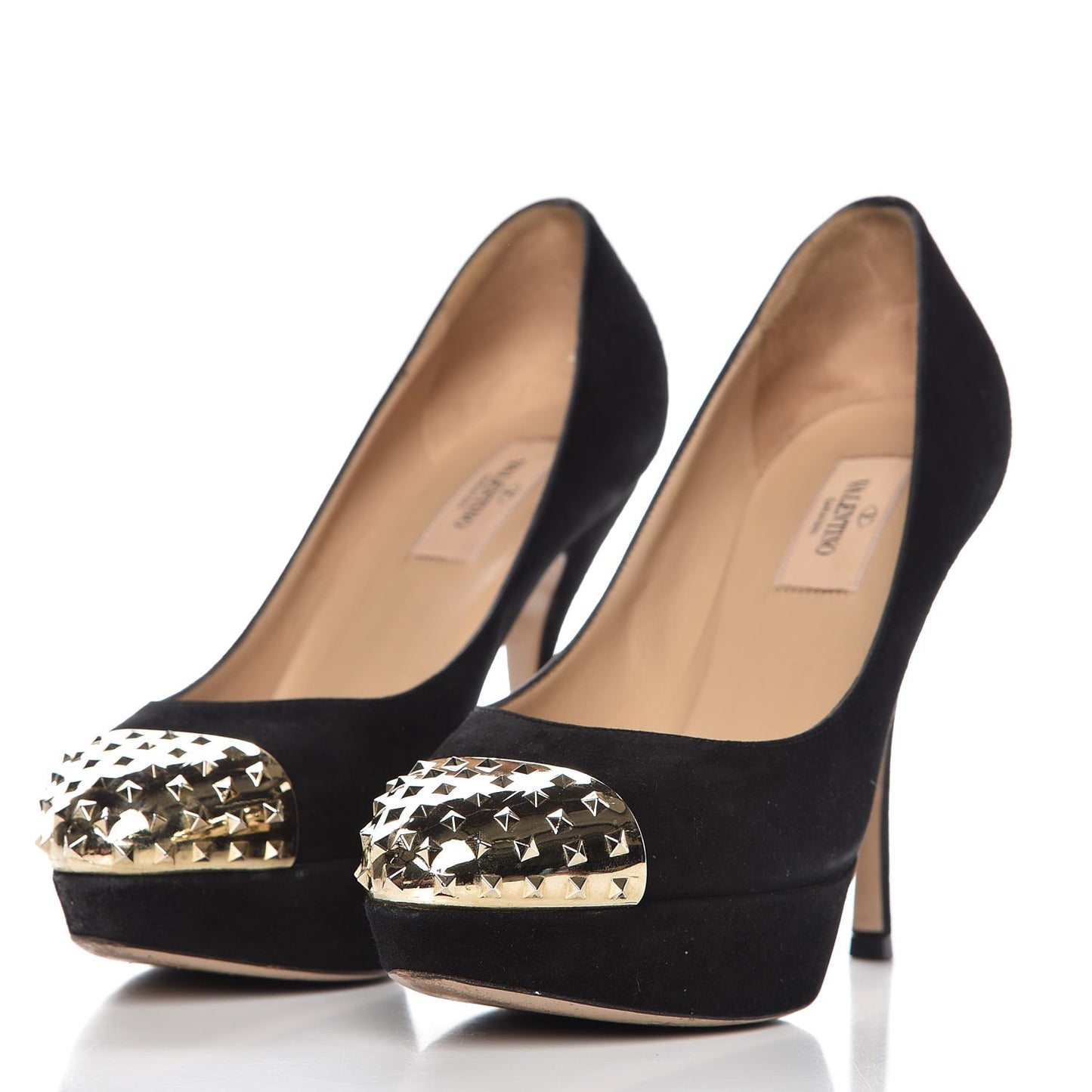 Suede Rockstud Cap Toe Platform Pumps 38 Black Gold