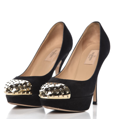 Valentino Garavani Suede Rockstud Cap Toe Platform Pumps 38 Black Gold 3 of 12