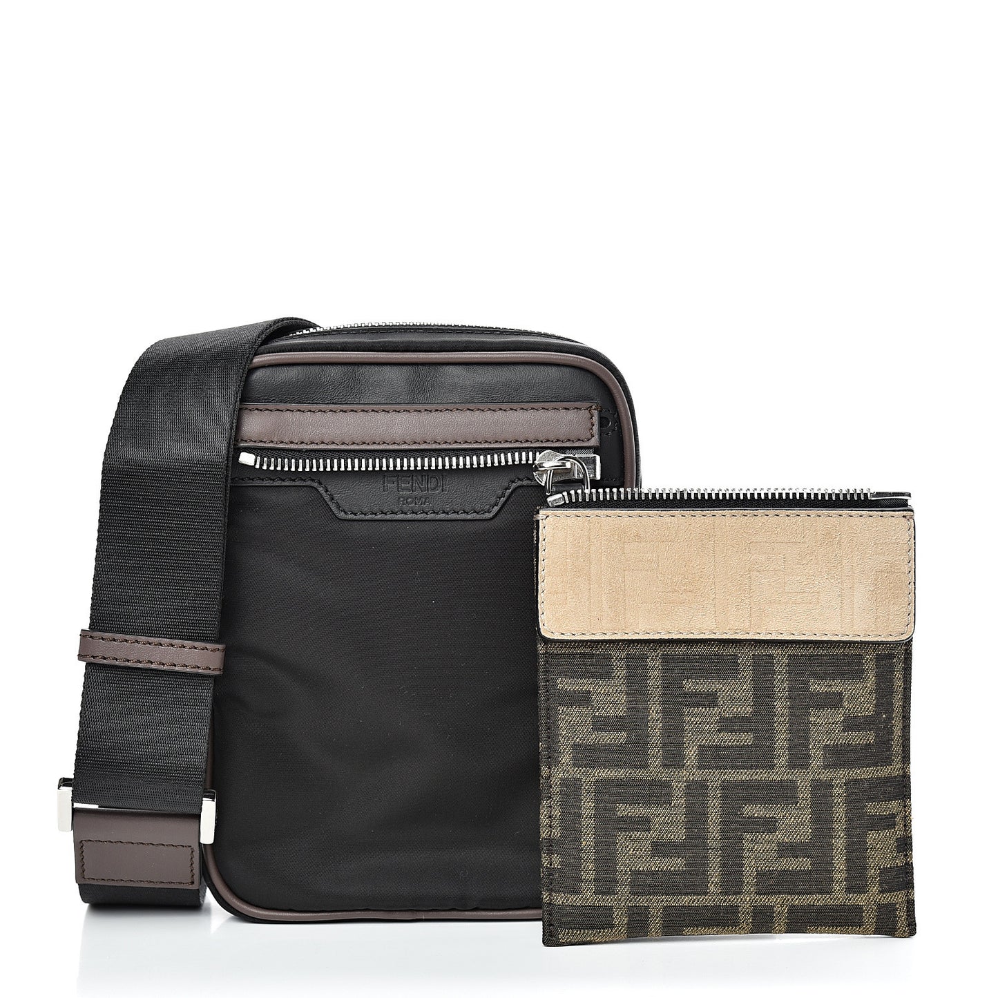 Nylon Fabric Jacquard Chamois FF 1974 Medium Crossbody Messenger Black Nuvola