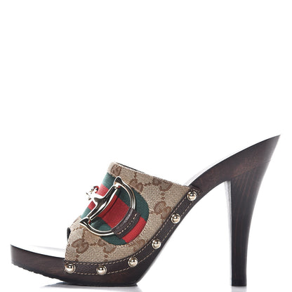 Gucci Monogram Natural Pigskin Web Icon Bit Platform Clog High Heel Slide Sandals 37 Beige Ebony Cocoa 1 of 9