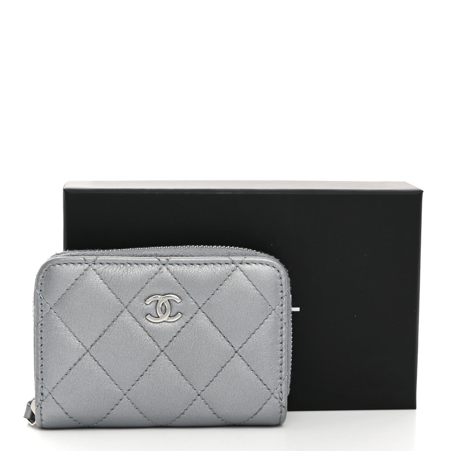 Iridescent Calfskin Quilted Zip Coin Purse Wallet Light Blue