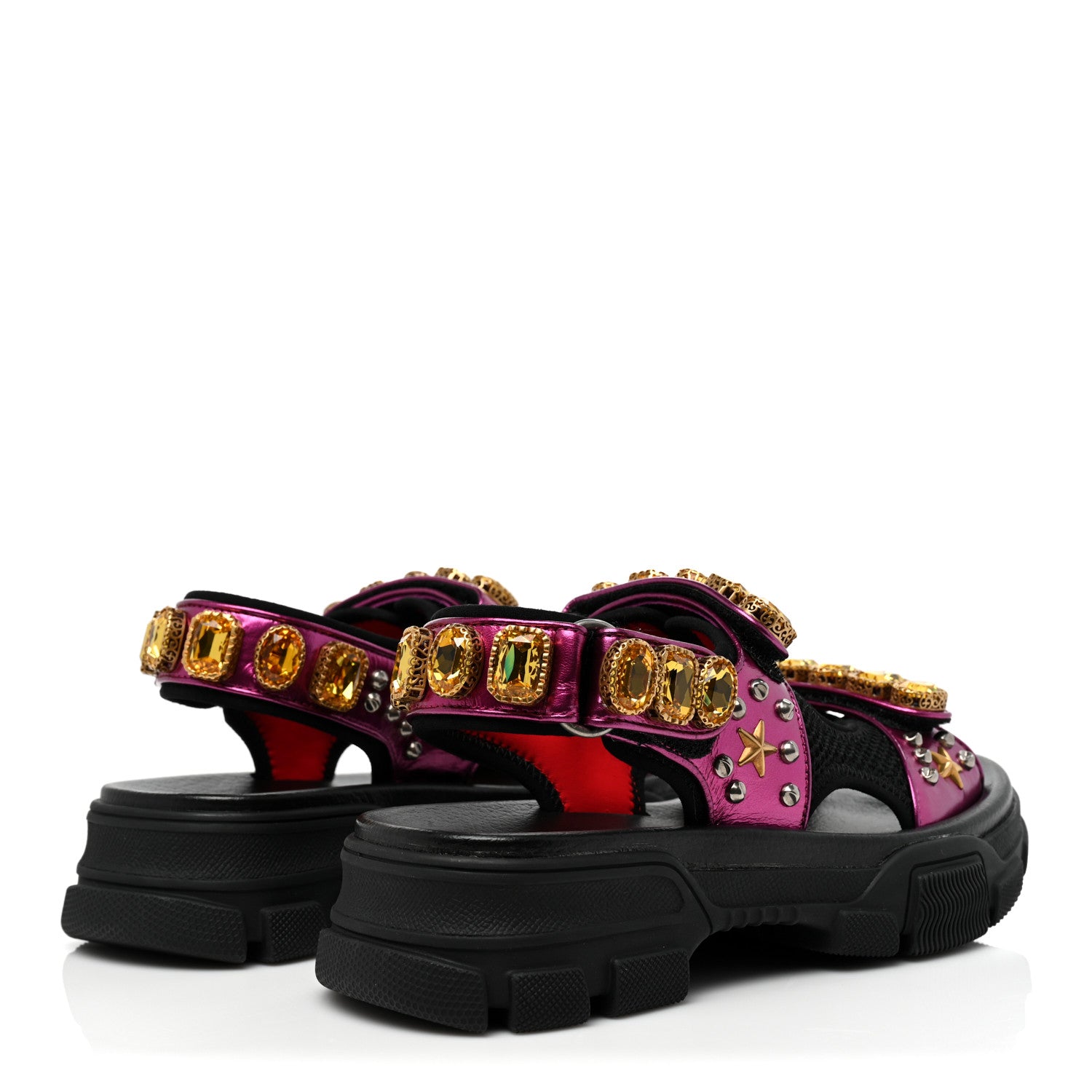 Gucci Nappa Mesh Crystal Embellished Studded Womens Aguru Sandals 36.5 Pink Black 5 of 9
