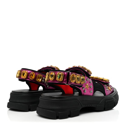 Gucci Nappa Mesh Crystal Embellished Studded Womens Aguru Sandals 36.5 Pink Black 5 of 9