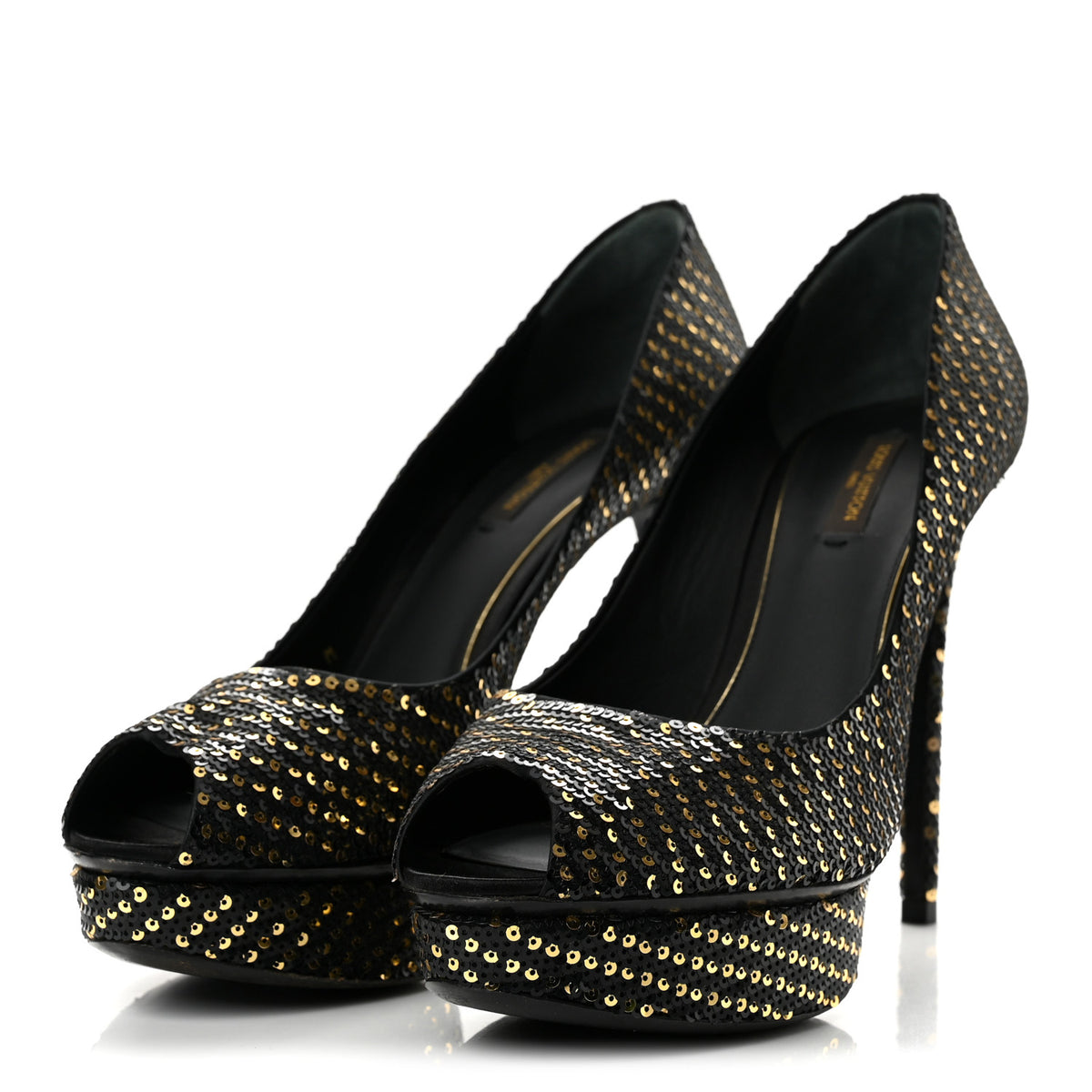 Louis Vuitton Sequin Peep Toe Platform Pumps 39 Black Gold 4 of 11