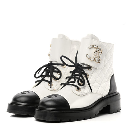 Chanel Shiny Goatskin Calfskin Quilted Lace Up Combat Boots 37.5 White Black 3 of 9