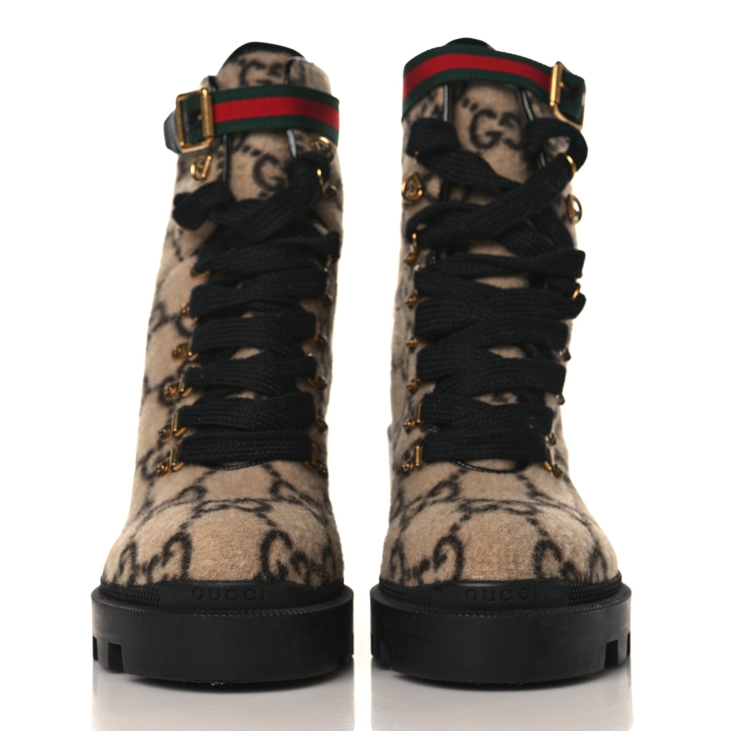 Covered Wool GG Monogram Womens Lace Up Combat Ankle Boots 40 Beige Ebony Black