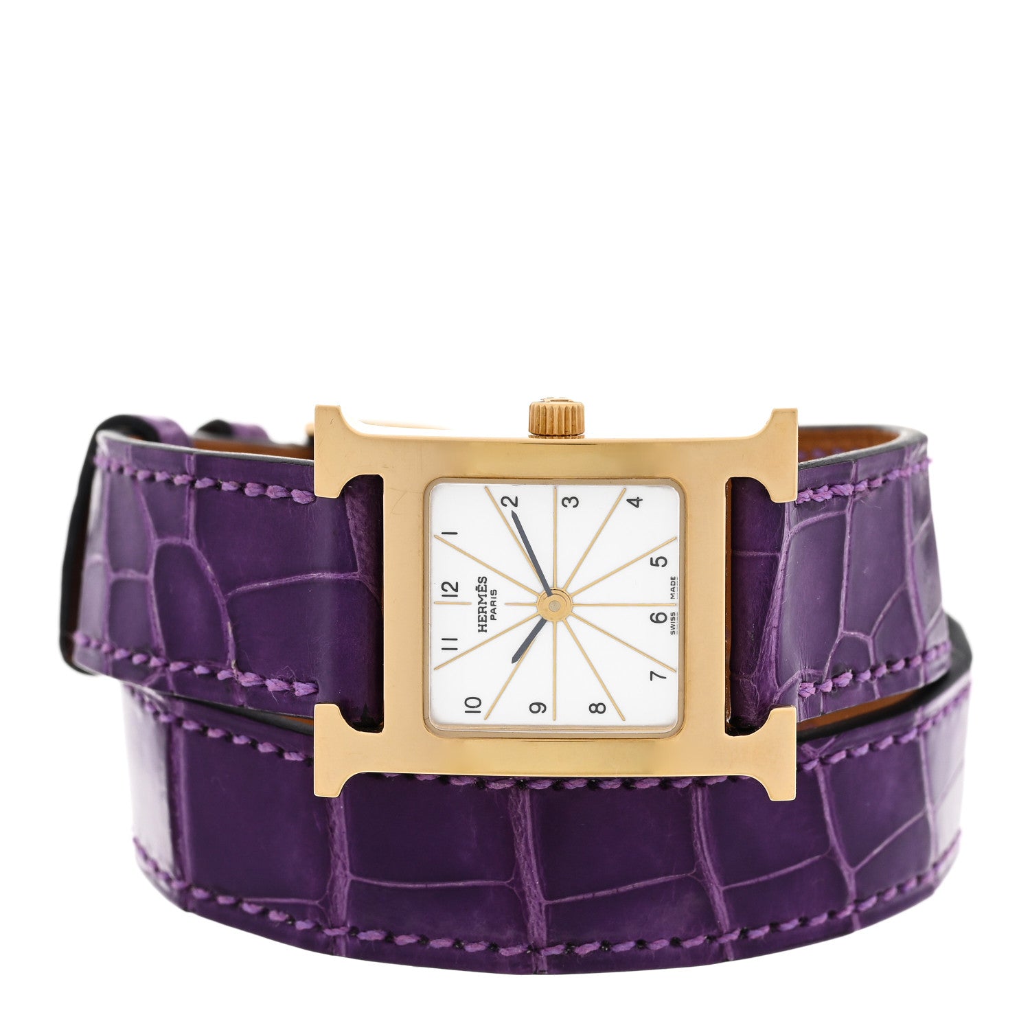 Hermes Stainless Steel Alligator 21mm Heure H Hour Double Tour Quartz Watch Amethyst 2 of 4