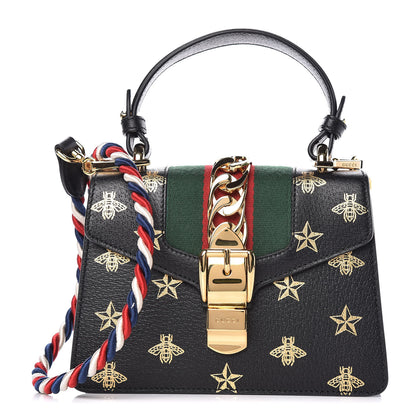 Gucci Textured Calfskin Bee Star Print Mini Sylvie Top Handle Bag Black 1 of 9