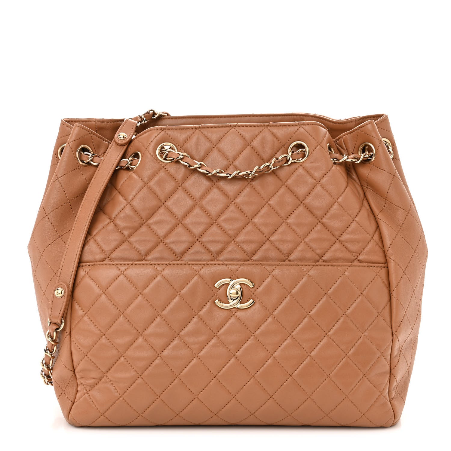 Chanel Lambskin Quilted Large Drawstring Shoulder Bag Dark Beige 1 of 10
