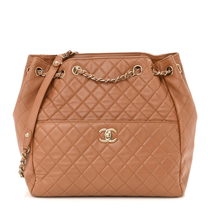 Chanel Lambskin Quilted Large Drawstring Shoulder Bag Dark Beige 1 of 10