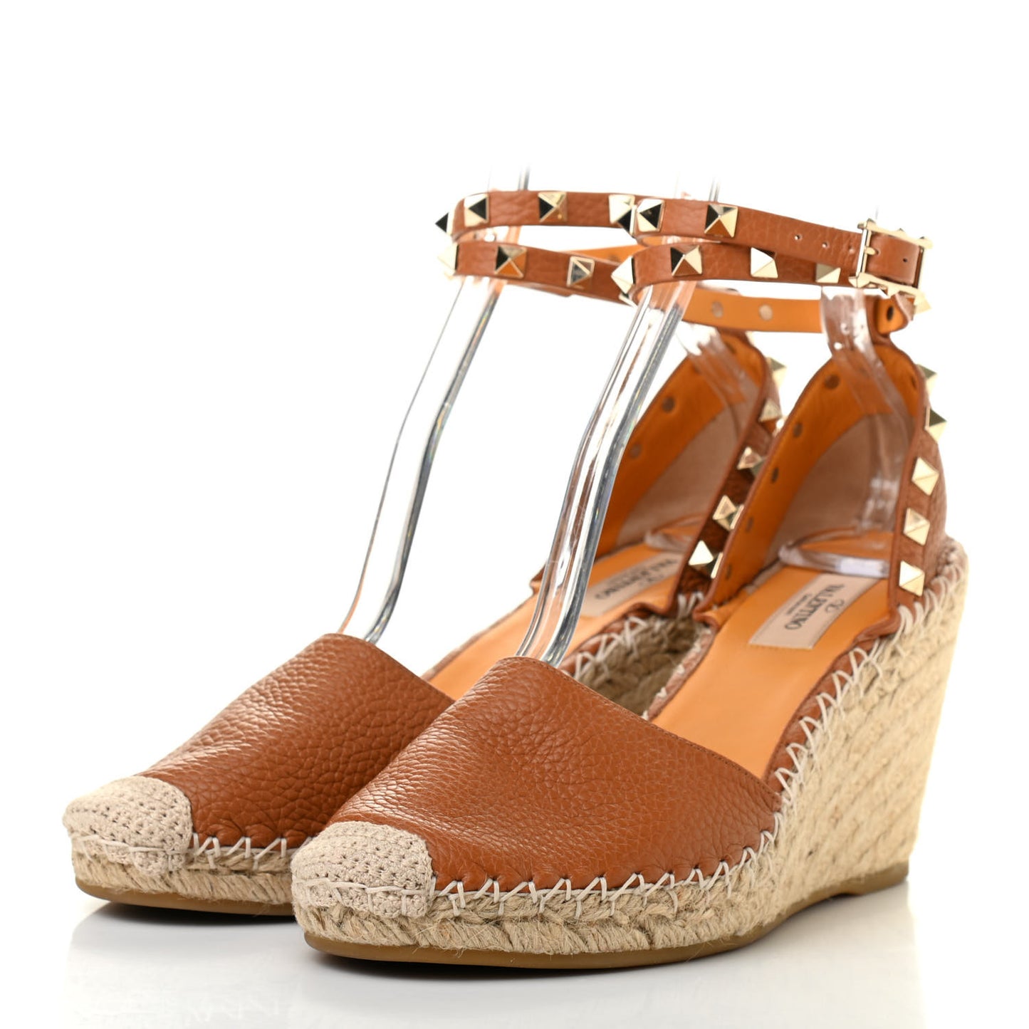 Grained Calfskin Rockstud Ankle Wrap Espadrille 15/85mm Wedges 39 Light Cuir