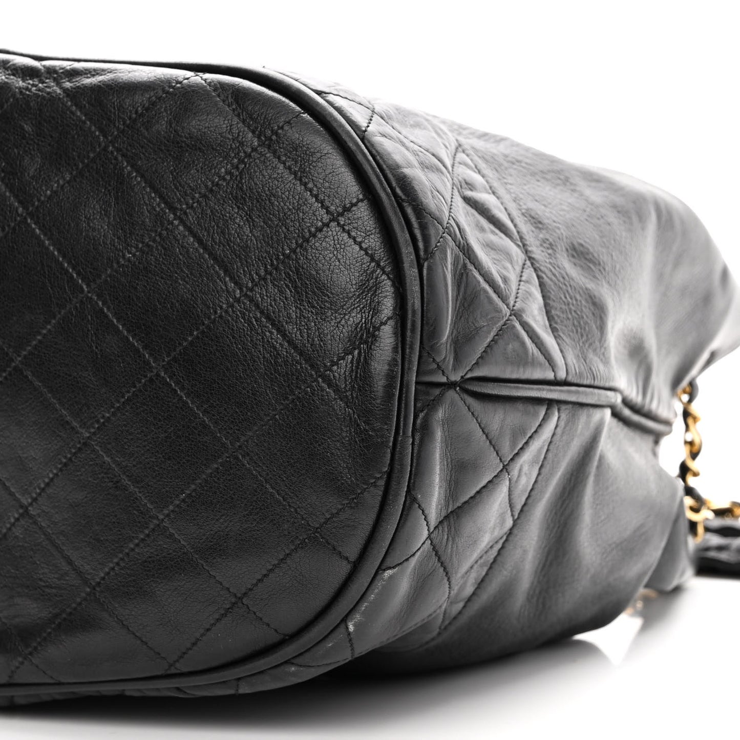 Grained Calfskin Lambskin Quilted Drawstring Bucket Bag Black