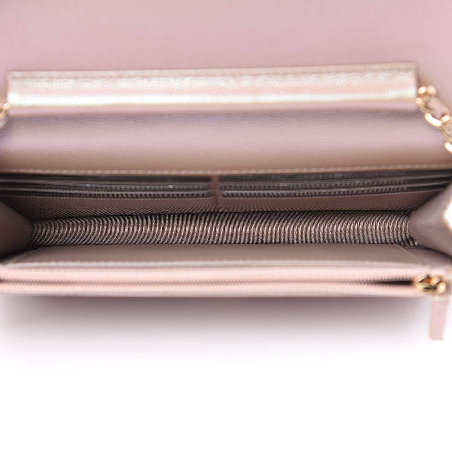 Iridescent Caviar Quilted Wallet On Chain WOC Beige
